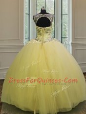 Sexy Scoop Light Yellow Tulle Backless Vestidos de Quinceanera Sleeveless Floor Length Beading and Appliques