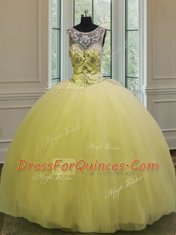 Sexy Scoop Light Yellow Tulle Backless Vestidos de Quinceanera Sleeveless Floor Length Beading and Appliques