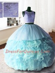 Scoop Sleeveless With Train Beading and Lace and Ruffles Zipper Quinceanera Dresses with Baby Blue Brush Train