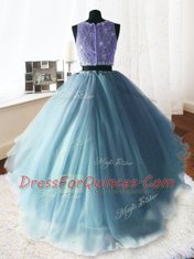 Scoop Sleeveless With Train Beading and Lace and Ruffles Zipper Quinceanera Dresses with Baby Blue Brush Train