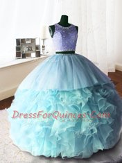 Scoop Sleeveless With Train Beading and Lace and Ruffles Zipper Quinceanera Dresses with Baby Blue Brush Train