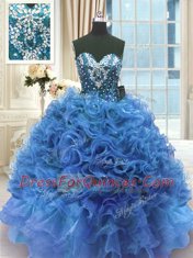 Cheap Floor Length Lace Up 15 Quinceanera Dress Blue for Military Ball and Sweet 16 and Quinceanera with Beading and Ruffles