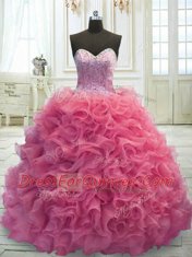 Latest Mini Length Ball Gowns Sleeveless Rose Pink Sweet 16 Dresses Sweep Train Lace Up