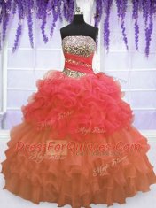 Strapless Sleeveless 15 Quinceanera Dress Floor Length Beading and Ruffled Layers and Pick Ups Multi-color Organza