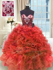 Romantic Organza Sweetheart Sleeveless Lace Up Beading and Ruffles Sweet 16 Quinceanera Dress in Wine Red