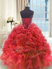 Romantic Organza Sweetheart Sleeveless Lace Up Beading and Ruffles Sweet 16 Quinceanera Dress in Wine Red