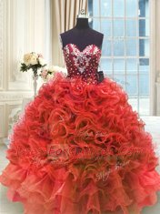 Romantic Organza Sweetheart Sleeveless Lace Up Beading and Ruffles Sweet 16 Quinceanera Dress in Wine Red