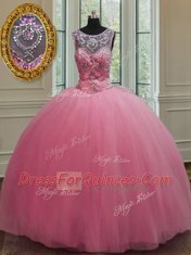 Colorful Scoop Floor Length Rose Pink 15th Birthday Dress Tulle Sleeveless Beading