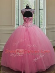 Colorful Scoop Floor Length Rose Pink 15th Birthday Dress Tulle Sleeveless Beading