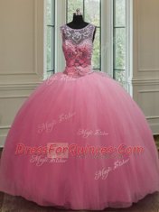 Colorful Scoop Floor Length Rose Pink 15th Birthday Dress Tulle Sleeveless Beading