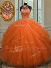 Fantastic Floor Length Orange Red Sweet 16 Quinceanera Dress Halter Top Sleeveless Lace Up