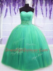 Fabulous Sweetheart Sleeveless Tulle Vestidos de Quinceanera Beading and Belt Lace Up