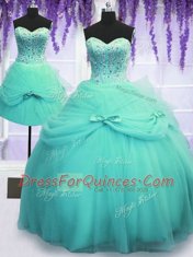 Elegant Three Piece Tulle Sweetheart Sleeveless Lace Up Beading and Bowknot Quinceanera Dress in Aqua Blue