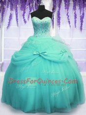 Elegant Three Piece Tulle Sweetheart Sleeveless Lace Up Beading and Bowknot Quinceanera Dress in Aqua Blue