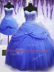 Three Piece Blue Sleeveless Floor Length Beading and Bowknot Lace Up Quince Ball Gowns