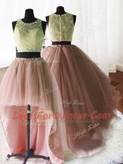 Comfortable Three Piece Organza and Tulle and Lace Scoop Sleeveless Brush Train Zipper Beading and Lace and Ruffles 15th Birthday Dress in Baby Pink