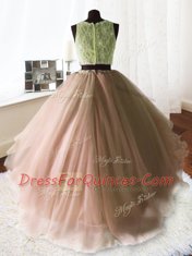 Comfortable Three Piece Organza and Tulle and Lace Scoop Sleeveless Brush Train Zipper Beading and Lace and Ruffles 15th Birthday Dress in Baby Pink