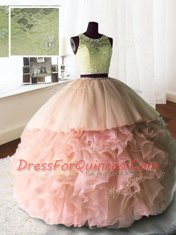 Comfortable Three Piece Organza and Tulle and Lace Scoop Sleeveless Brush Train Zipper Beading and Lace and Ruffles 15th Birthday Dress in Baby Pink