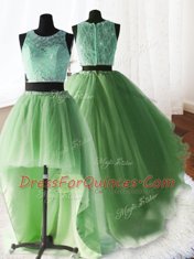 Fabulous Three Piece Brush Train Ball Gowns 15th Birthday Dress Yellow Green Scoop Organza and Tulle and Lace Sleeveless With Train Zipper