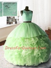 Fabulous Three Piece Brush Train Ball Gowns 15th Birthday Dress Yellow Green Scoop Organza and Tulle and Lace Sleeveless With Train Zipper