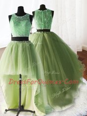Exquisite Three Piece Scoop Organza and Tulle and Lace Sleeveless With Train Sweet 16 Dress Brush Train and Beading and Lace and Ruffles
