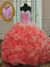 Custom Design Watermelon Red Ball Gowns Sweetheart Sleeveless Organza Sweep Train Lace Up Beading and Pick Ups Quinceanera Gowns