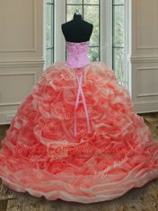 Custom Design Watermelon Red Ball Gowns Sweetheart Sleeveless Organza Sweep Train Lace Up Beading and Pick Ups Quinceanera Gowns