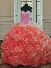 Custom Design Watermelon Red Ball Gowns Sweetheart Sleeveless Organza Sweep Train Lace Up Beading and Pick Ups Quinceanera Gowns