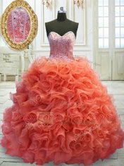 Customized Sleeveless Organza Sweep Train Lace Up Quince Ball Gowns in Coral Red with Beading and Ruffles