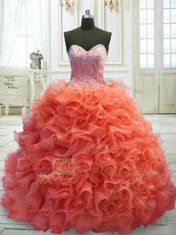 Customized Sleeveless Organza Sweep Train Lace Up Quince Ball Gowns in Coral Red with Beading and Ruffles
