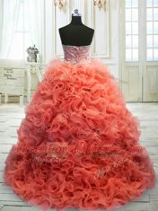 Customized Sleeveless Organza Sweep Train Lace Up Quince Ball Gowns in Coral Red with Beading and Ruffles