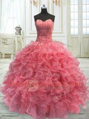 Sophisticated Watermelon Red Sleeveless Floor Length Beading and Ruffles Lace Up Sweet 16 Dresses