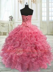 Sophisticated Watermelon Red Sleeveless Floor Length Beading and Ruffles Lace Up Sweet 16 Dresses