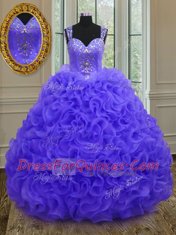 Stylish Straps Purple Ball Gowns Beading and Ruffles Ball Gown Prom Dress Zipper Organza Sleeveless Floor Length