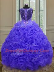 Stylish Straps Purple Ball Gowns Beading and Ruffles Ball Gown Prom Dress Zipper Organza Sleeveless Floor Length