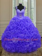 Stylish Straps Purple Ball Gowns Beading and Ruffles Ball Gown Prom Dress Zipper Organza Sleeveless Floor Length