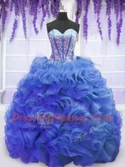 Best Selling Royal Blue Sleeveless Sweep Train Beading and Ruffles Sweet 16 Quinceanera Dress