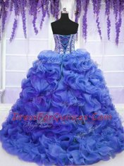 Best Selling Royal Blue Sleeveless Sweep Train Beading and Ruffles Sweet 16 Quinceanera Dress