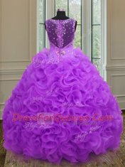 Flirting Purple Ball Gowns Straps Sleeveless Organza Floor Length Zipper Beading and Ruffles Quinceanera Dresses