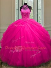 Extravagant Hot Pink Halter Top Neckline Beading and Sequins Quinceanera Gown Sleeveless Lace Up