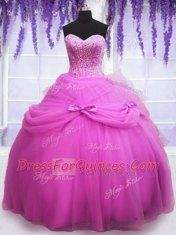 Graceful Sleeveless Floor Length Beading and Sequins and Bowknot Lace Up Ball Gown Prom Dress with Lilac