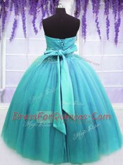 Admirable Sleeveless Tulle Floor Length Lace Up Sweet 16 Dresses in Blue with Belt