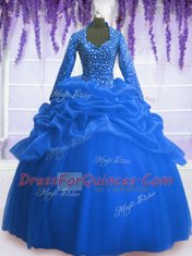 Custom Design Blue Ball Gowns Organza V-neck Long Sleeves Sequins and Pick Ups Floor Length Zipper 15 Quinceanera Dress