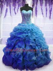 Blue Lace Up Quinceanera Gowns Beading and Ruffles Sleeveless Floor Length