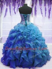 Blue Lace Up Quinceanera Gowns Beading and Ruffles Sleeveless Floor Length