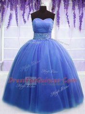 Simple Blue Ball Gowns Sweetheart Sleeveless Tulle Floor Length Lace Up Beading and Belt Sweet 16 Quinceanera Dress