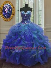 Custom Fit Sleeveless Organza and Sequined Floor Length Lace Up Sweet 16 Quinceanera Dress in Blue with Beading and Ruffles