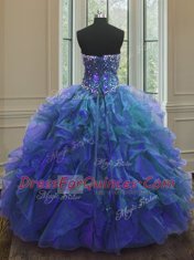 Custom Fit Sleeveless Organza and Sequined Floor Length Lace Up Sweet 16 Quinceanera Dress in Blue with Beading and Ruffles