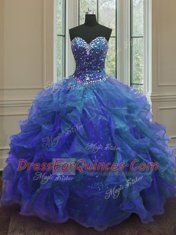 Custom Fit Sleeveless Organza and Sequined Floor Length Lace Up Sweet 16 Quinceanera Dress in Blue with Beading and Ruffles