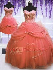 Three Piece Watermelon Red Sleeveless Beading and Bowknot Floor Length Sweet 16 Dress